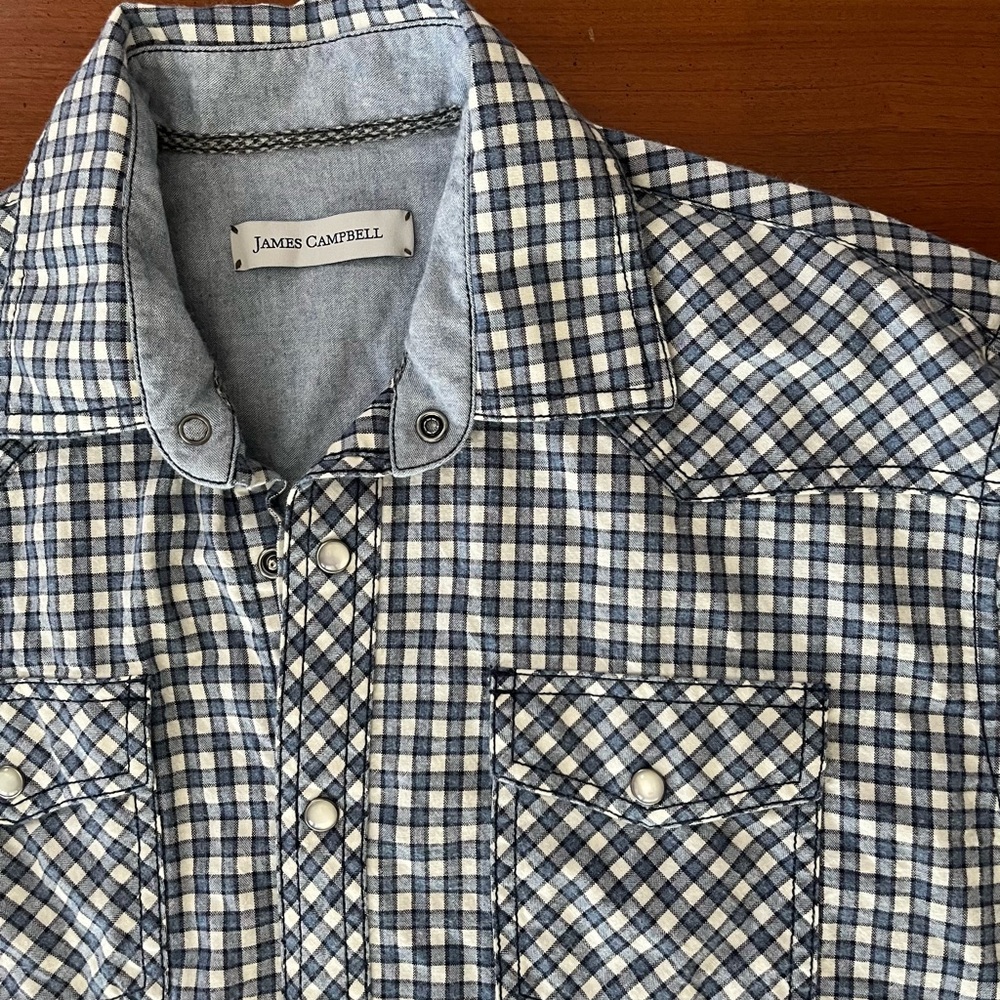 James Campbell Pearl Snap Navy Plaid Flannel Shirt - Medium- Western Outdoor - Picture 3 of 10